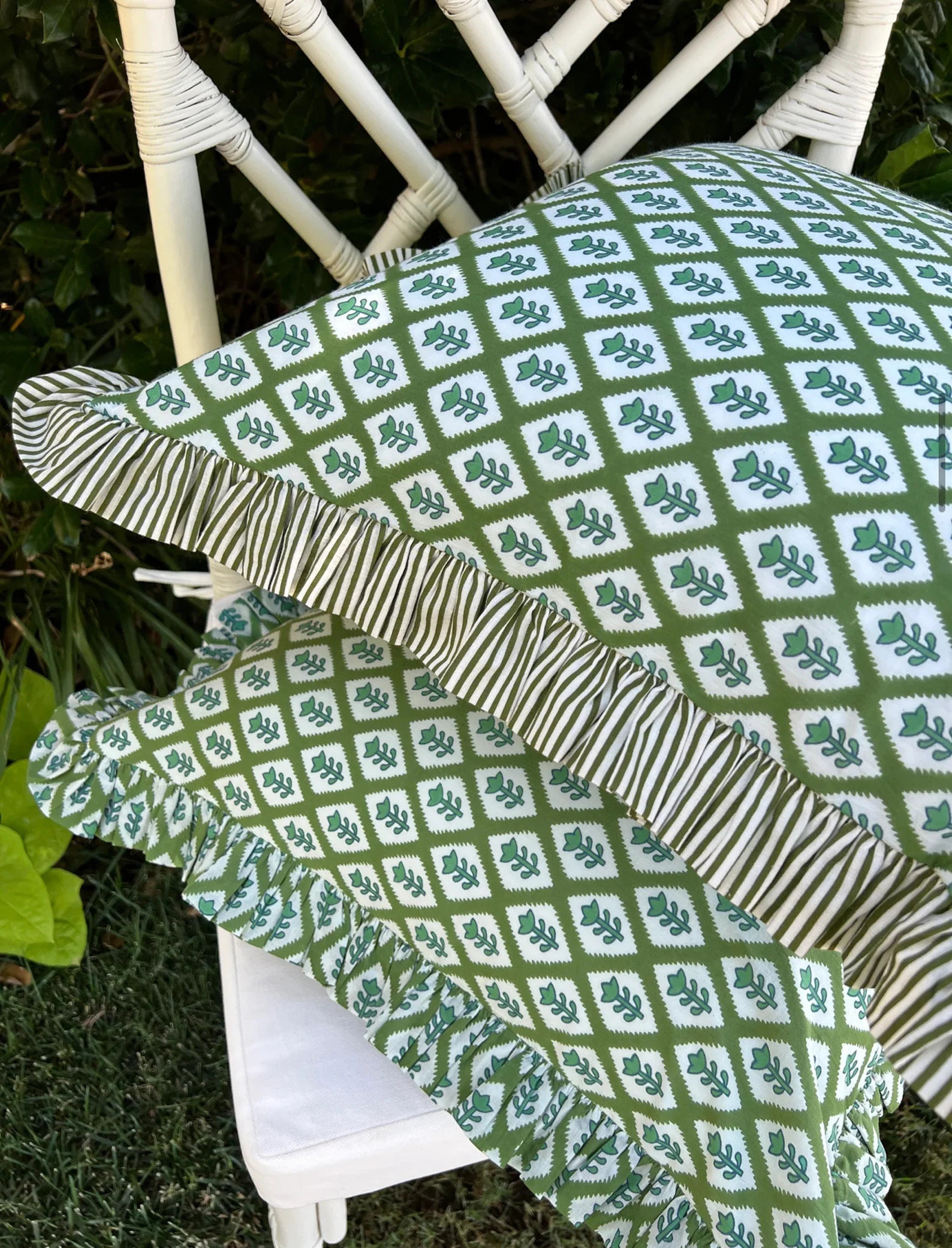 Green Block Print Pillow Cover With Striped Ruffle Trim - Etsy | Etsy (US)
