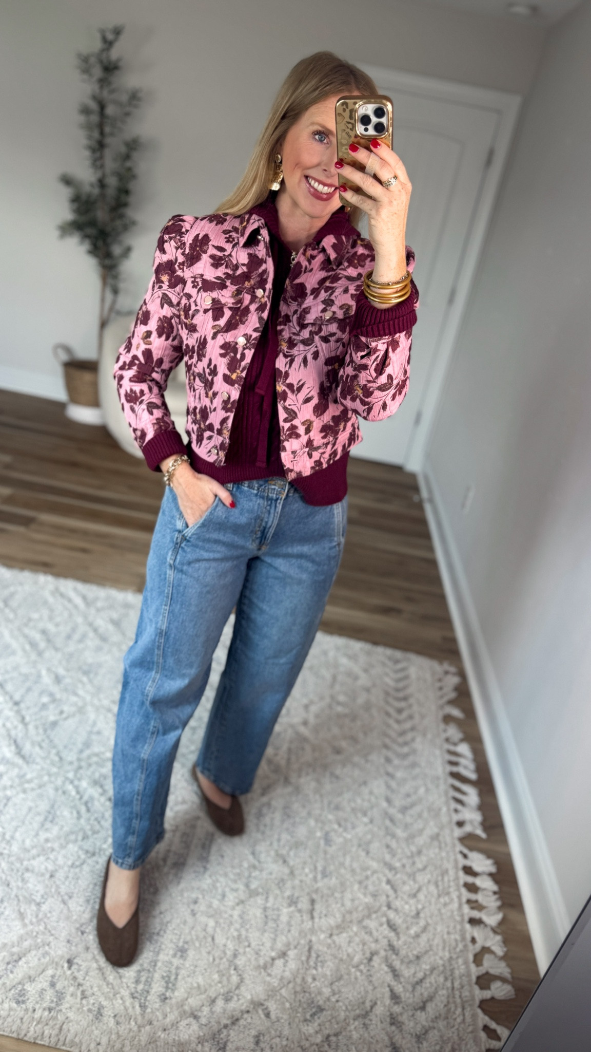 Daily try on, Walmart outfit, Walmart fashion, Walmart style, floral cropped jacket, cable knit hoodie, barrel jeans

#LTKootd