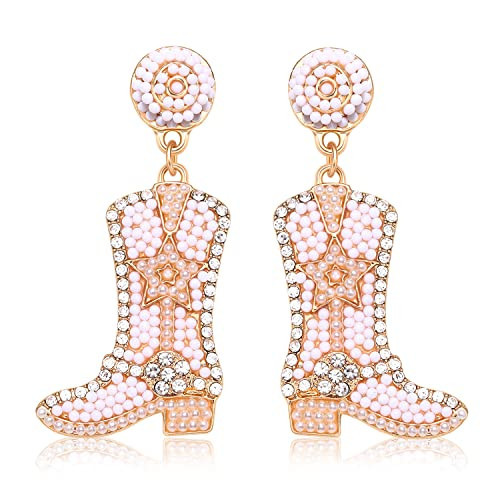 UYT Beaded Cowgirl Boot Earring Western Cowboy Boots Earrings for Women Boho Beads Shoes Dangle Drop Earrings Y2k Jewelry Party Gift (white) | Amazon (US)