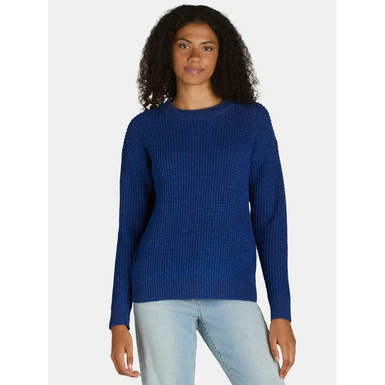 Time and Tru Women's and Women's Plus Waffle Stitch Sweater with Long Sleeves, Midweight, Sizes X... | Walmart (US)