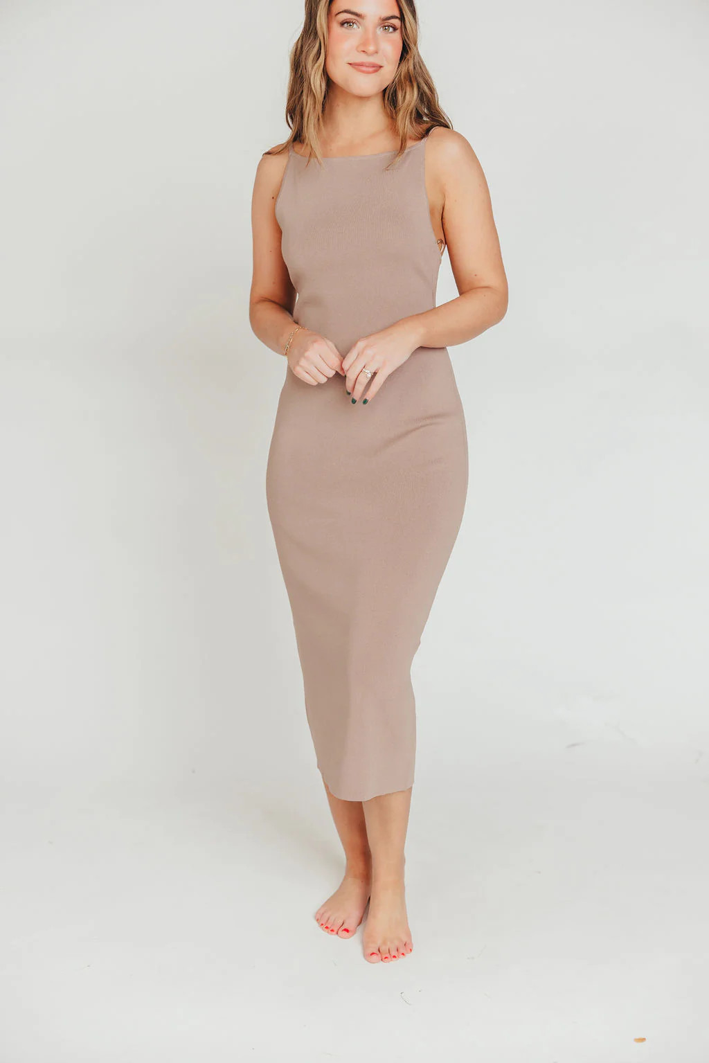 Elyse Midi Dress in Taupe | Worth Collective