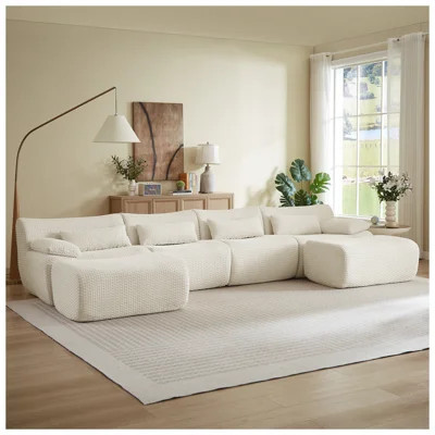 Cream Corduroy U-Shape Sectional Sofa Set with Ottoman, 6-Seat Convertible Living Room Couch | Wayfair North America