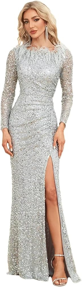 Niiyyjj Long Sleeve V Neck Feather Evening Dress for Women Wedding Party Sequin Slit Cocktail Dre... | Amazon (US)