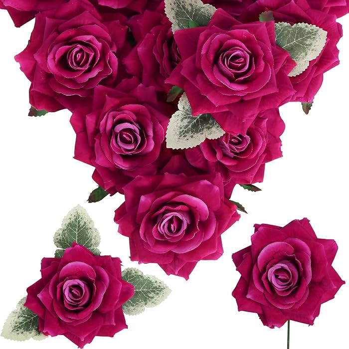 Hot Pink Roses 16pcs Artificial Velvet Roses Head Bulk Silk Flowers 4.3" Hot Pink Artificial Rose... | Amazon (US)