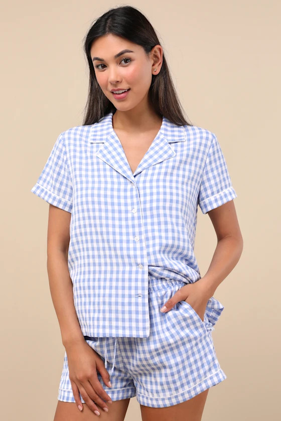 Joannie Blue and White Gingham Two-Piece Pajama Set | Lulus