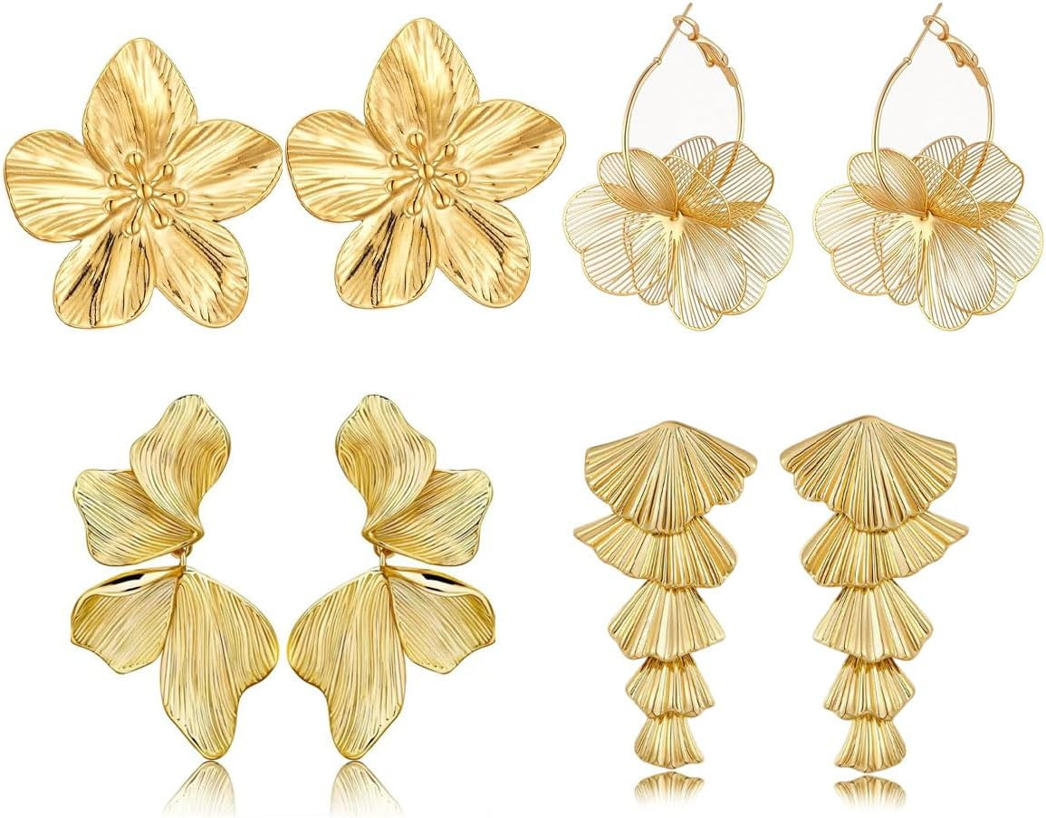 4 Pair Gold Statement Earrings for Women Chunky Gold Plated Flower Leaf Hoop Dangle Earring Trendy Jewelry Gift | Amazon (US)