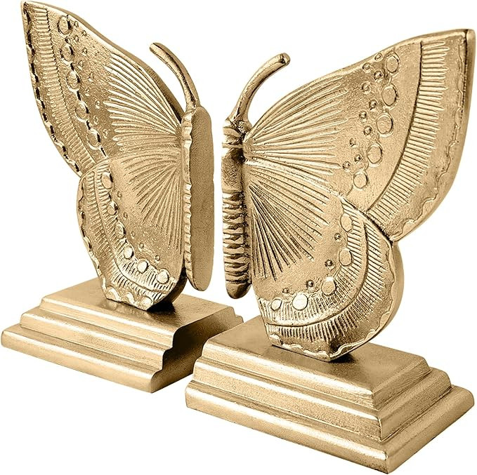 Vintage Brass Decorative Bookends Butterfly Design, Heavy Sturdy Cast Iron Book Ends, Metal Bronz... | Amazon (US)