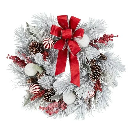 Holiday Time Pine and Ornament Flocked Christmas Wreath Decoration, 28" | Walmart (US)