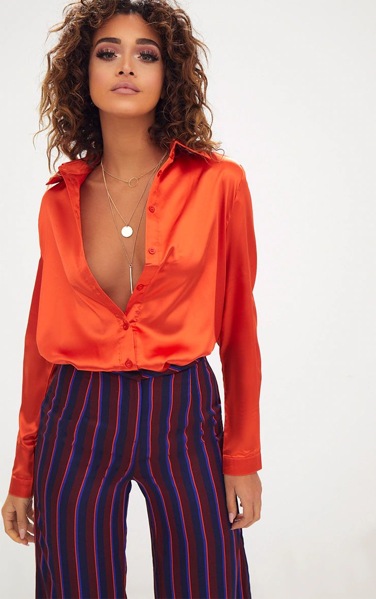 Orange Satin Button Front Shirt | PrettyLittleThing US