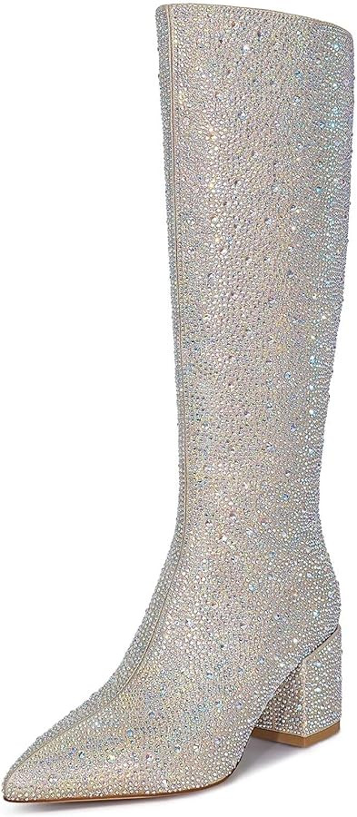 wetkiss Rhinestone/PU Low Chunky Pointed Toe Knee High Boots for Women with Full Bling Sparkly Cr... | Amazon (US)