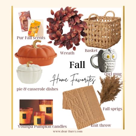 Fall home favorites 

Candles
Fall  wreath 
Pumpkin casserole dish and pie pan
Basket
Owl mug
Knit throw 
Fall sprigs 
Pura fall scents
Voulspa pumpkin candles


#LTKhome #LTKunder50 #LTKSeasonal