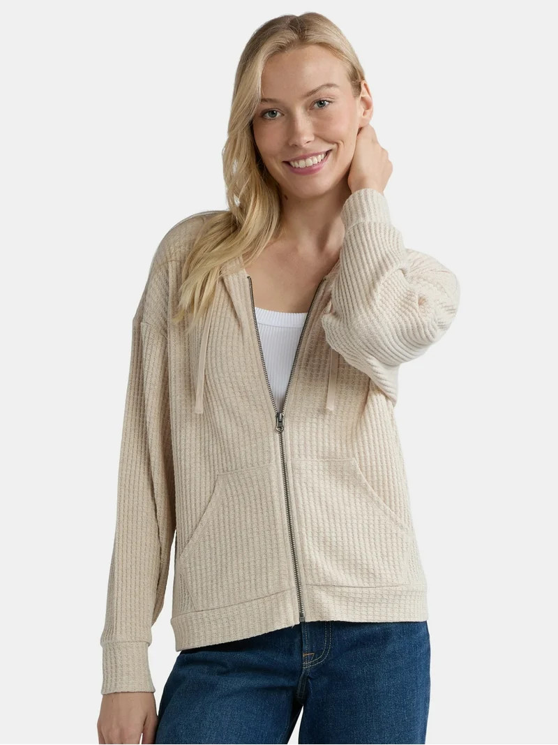 Time and Tru Women's Waffle Full Zip Hoodie with Long Sleeves, Sizes S-XXXL | Walmart (US)