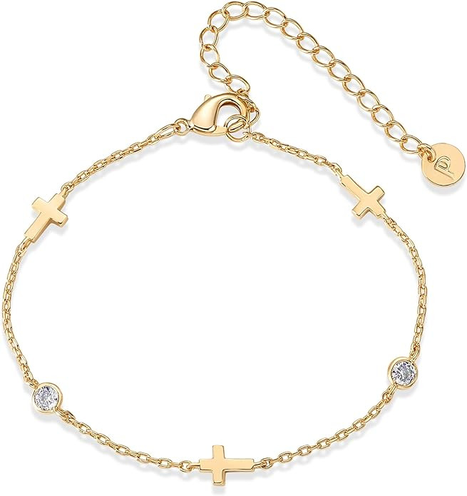 PAVOI Pulsera de cruz lateral chapada en oro de 14 quilates para mujer | Pulsera religiosa de cir... | Amazon (US)
