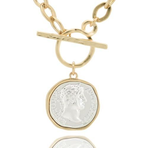 Amazon.com: Husykam Chunky Coin Antique Gold Plated Thick Link Chain Layered Pendant Necklace for... | Amazon (US)