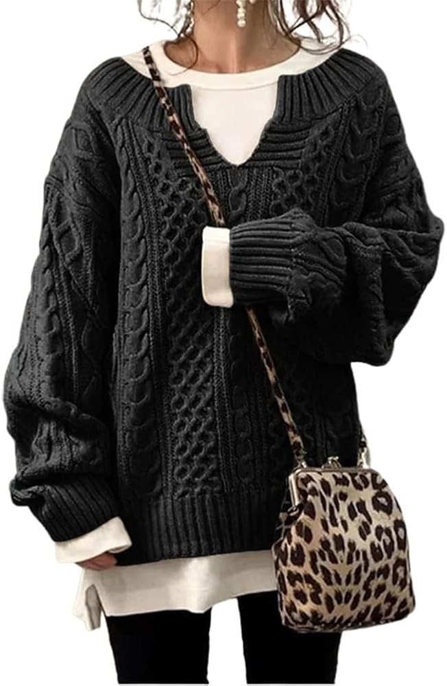 chouyatou Women's Winter Chunky V Neck Long Sleeve Loose Cable Knit Sweater Pullover | Amazon (US)