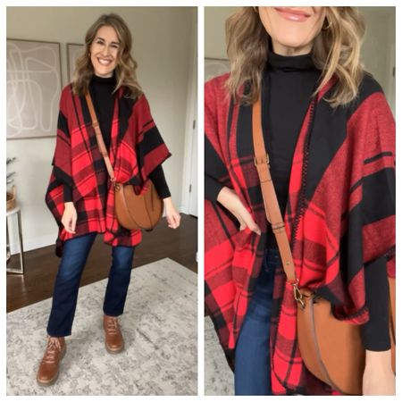 Plaid poncho wrap ruana and straight leg jeans with turtleneck, all Walmart! Jeans are tts; if between go up. Boots tts. Christmas holiday outfit idea

#LTKfindsunder50 #LTKstyletip #LTKfindsunder100