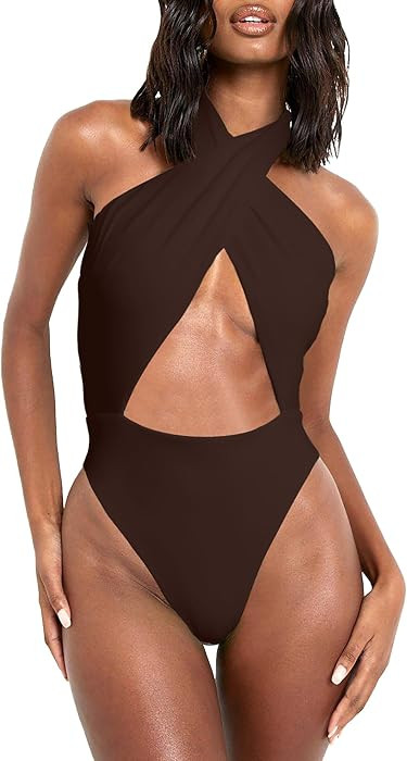 Women's Sexy Halter Criss Cross Swimsuit Cut Out One Piece Bathing Suit High Cut Swimwear | Amazon (US)