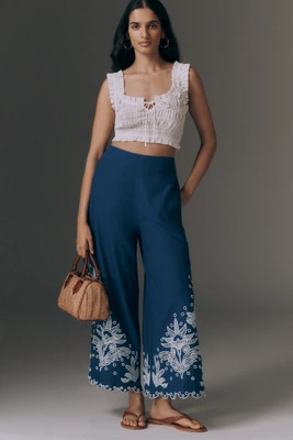 Farm Rio Linen Blend Crochet Flower Pants | Anthropologie (US)