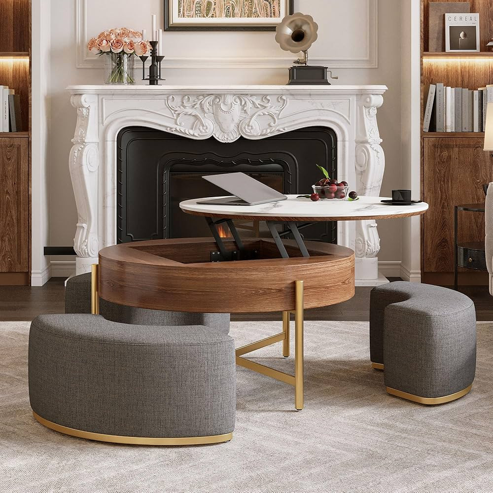 Glintee 32" Round Lift Top Marble Coffee Table Set with Hidden Storage & Nesting Ottomans | Moder... | Amazon (US)