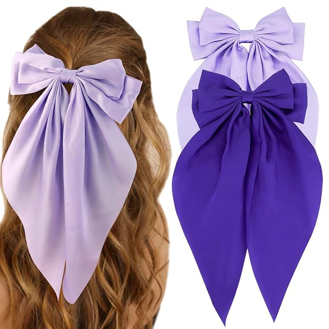 Silky Satin Purple Hair Bows 2 Pcs Big Hair Bows for Women Hair Ribbons Oversized Long Tail Bow H... | Amazon (US)