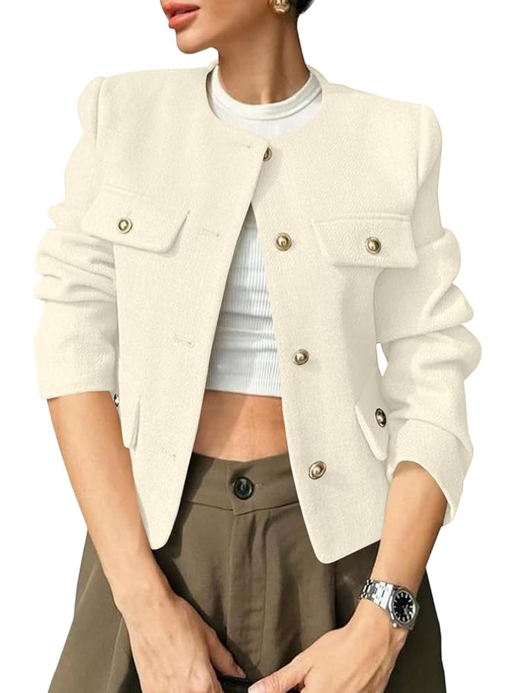 Cicy Bell Womens Cropped Tweed Blazers Jacket Collarless Button Down Business Casual 2025 Fall Ou... | Amazon (US)