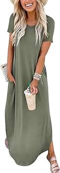 Prinbara Women's Casual Loose Sundress Long Dress Short Sleeve Split Maxi Dresses Summer Beach Dr... | Amazon (US)