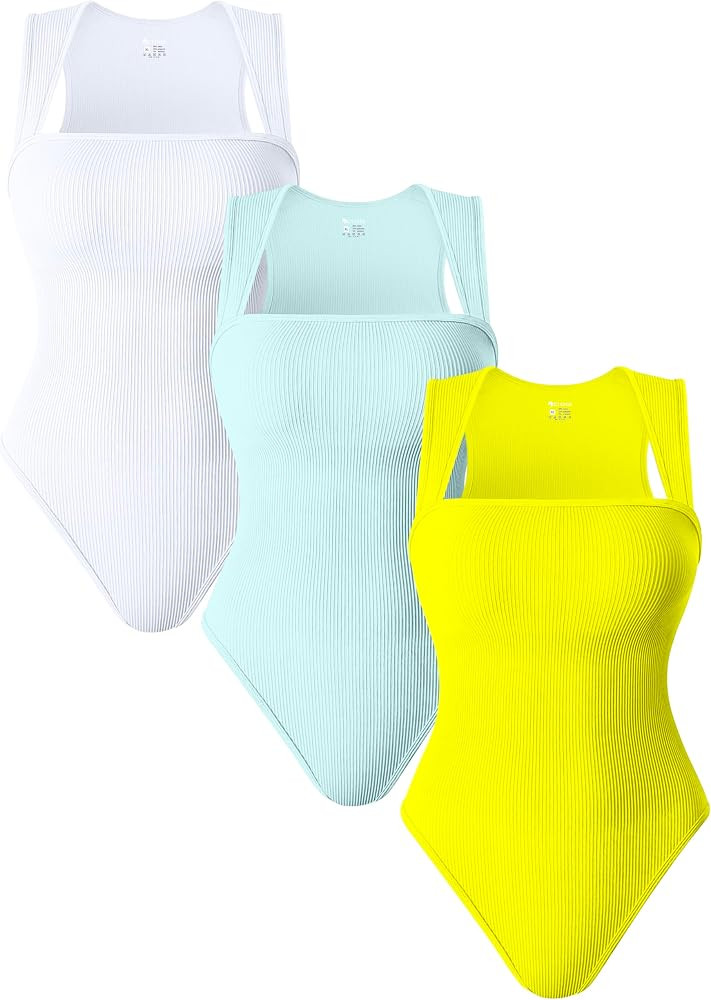OQQ 3 Piece Bodysuits For Women Sexy Ribbed Strappy Square Neck Stretch Tank Tops Bodysuits | Amazon (US)