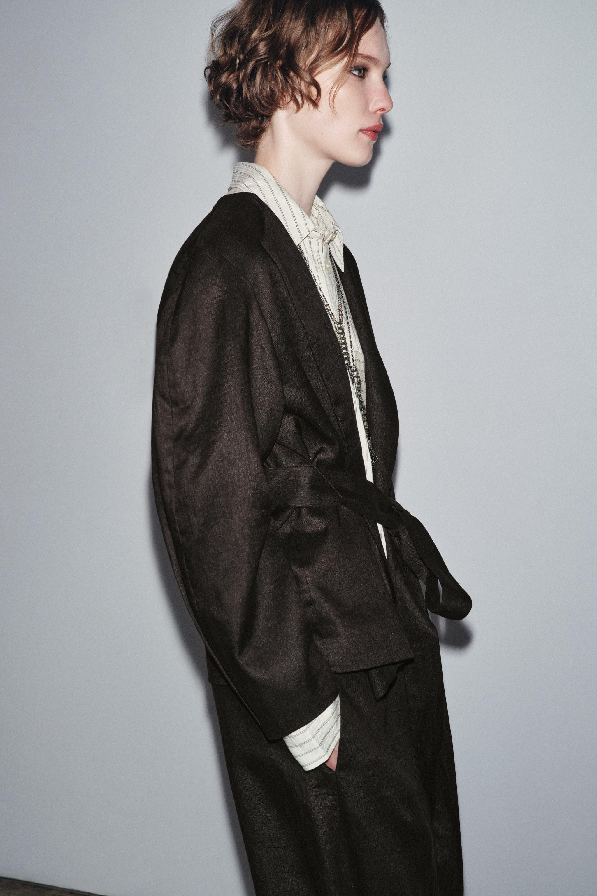 ZW COLLECTION LINEN BELTED KIMONO | Zara US