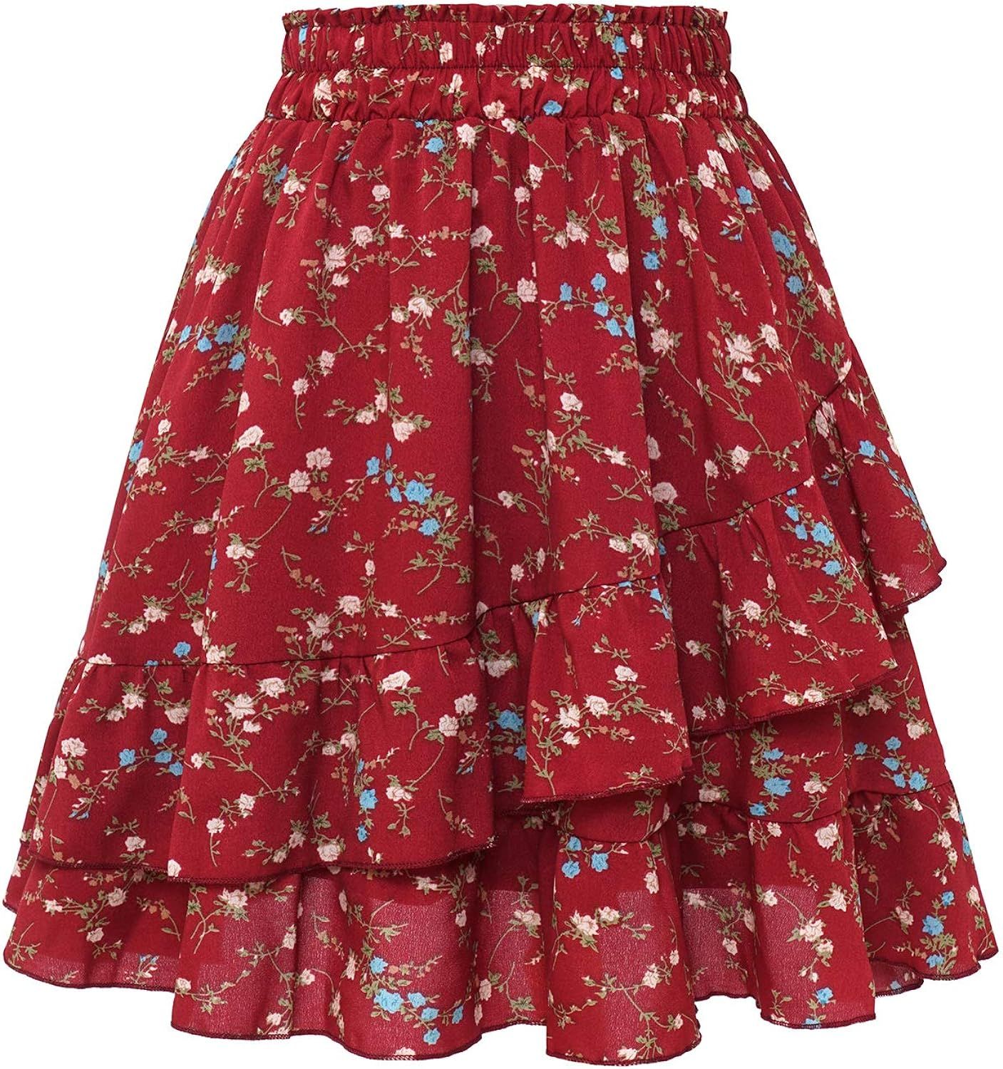 Bbonlinedress Women's Floral Mini Summer Skirt High Waist Ruffle Boho Flared Skater Skirts | Amazon (US)