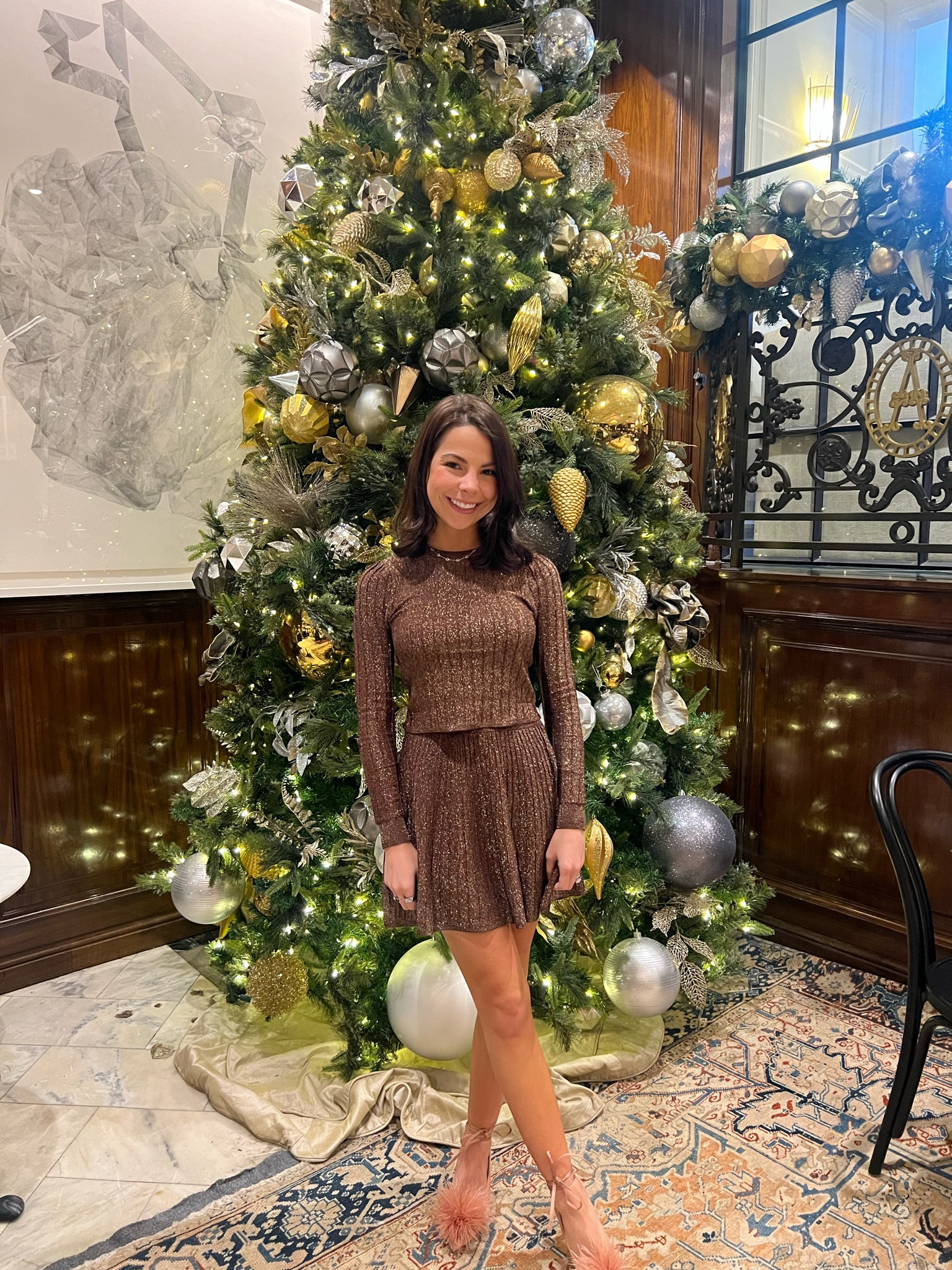 Festive look for holiday tea! Love this set. The shine is absolutely perfect and it is also so comfortable. The fabric is thick and has lots of stretch. XXS in top and XS in skirt. 🤎✨✨

#LTKHoliday #LTKStyleTip #LTKSeasonal