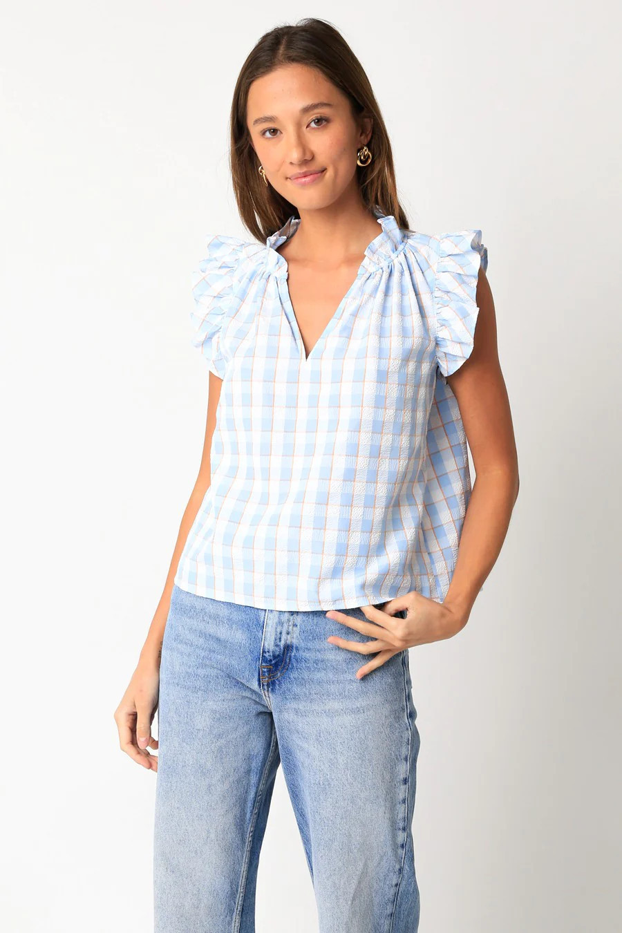 Flutter Sleeve Check Sleeveless Top in Baby Blue and Coral | Minette