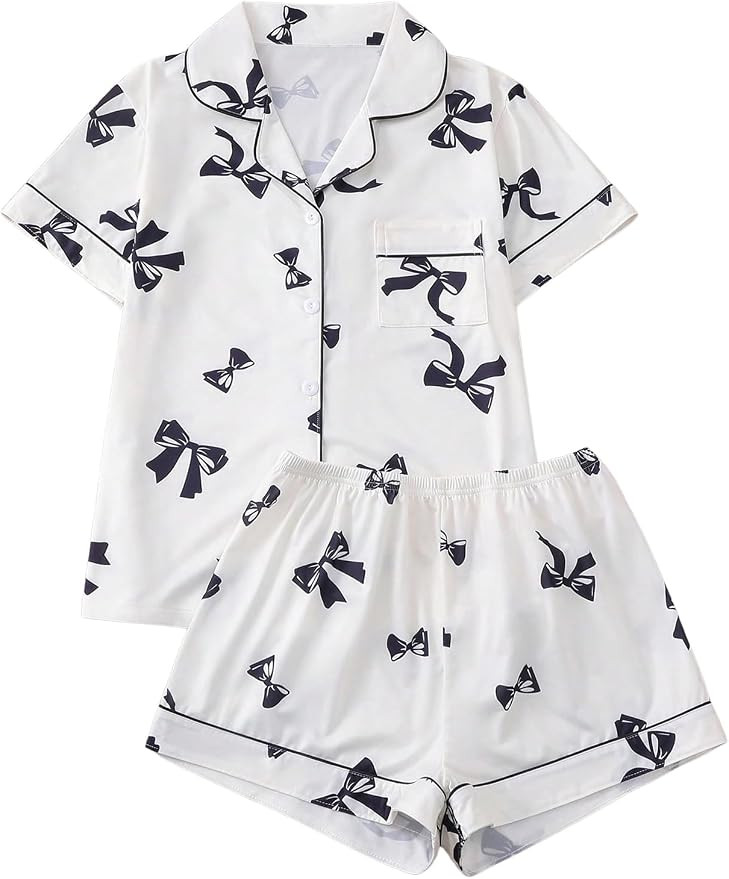 SHENHE Women's Pajama Set Bow Print Short Sleeve Button Down Sleep Shirt Pj Shorts Loungewear | Amazon (US)