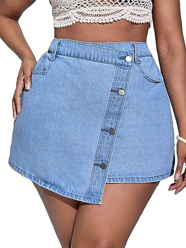 WDIRARA Women's Asymmetrical Hem Button Front High Waisted Mini Denim Skirts with Pockets Light Wash 1XL | Amazon (US)