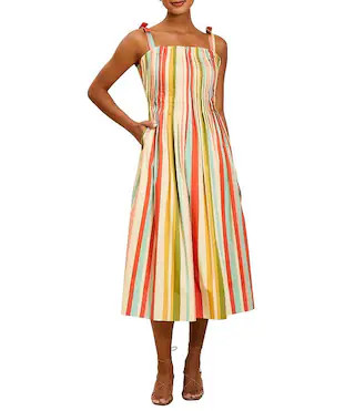 Mestiza New York Anais Pintucked Stripe Square Neck Sleeveless Midi Dress - 6 | Dillard's