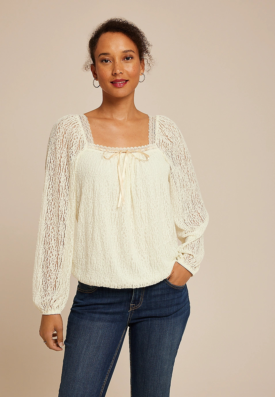 Satin Trim Lace Bubble Hem Blouse | Maurices