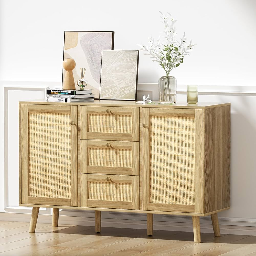 Giluta Sideboard Buffet Cabinet, 3 Drawers Rattan Cabinet with 2 Doors Boho Accent Storage Cabine... | Amazon (US)