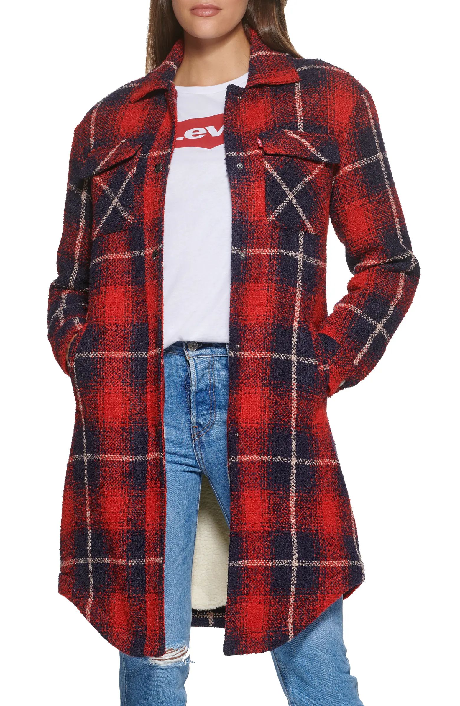 Levi's® Plaid Faux Shearling Lined Long Shirt Jacket | Nordstrom | Nordstrom
