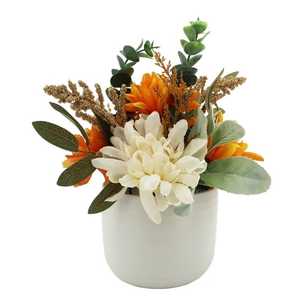 Better Homes & Gardens 10" Artificial Orange and White Mixed Flower Arrangement in Ceramic Pot | Walmart (US)