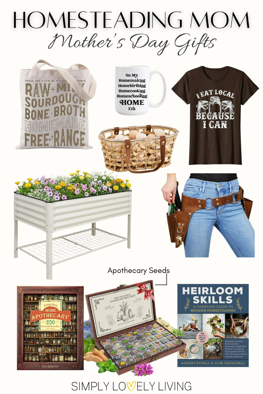 Homesteading Mom - Mother's Day gifts. Homesteading mug. Canning shirt. Homesteading tote bag. Raised planter. Chicken eggs basket. Leather garden belt. Homesteading book. Apothecary book. Apothecary seeds. #LTKfinds #mothersday

#LTKMothersDay #LTKHome