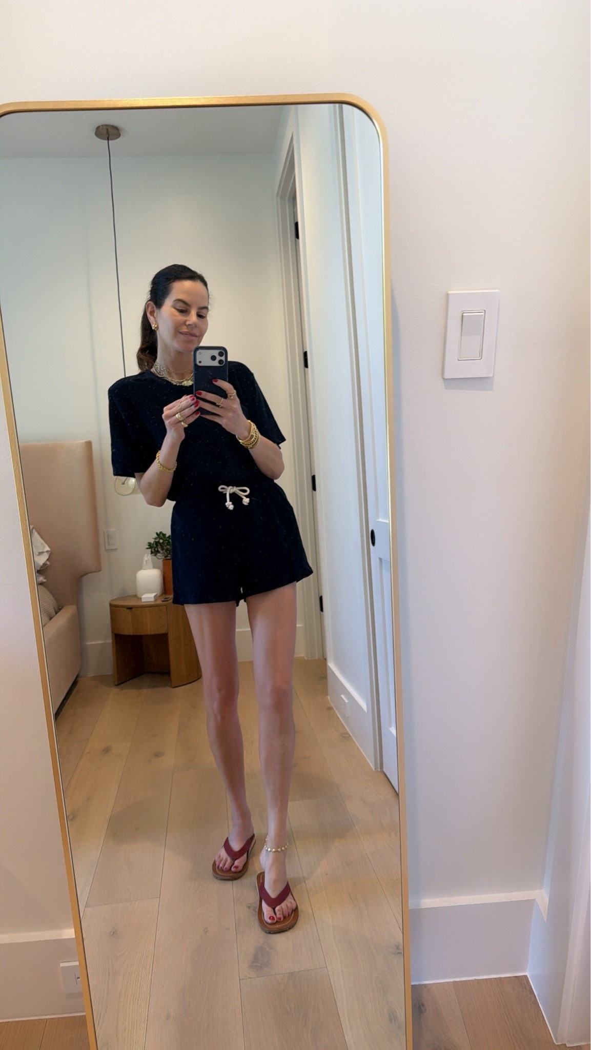 Easy comfy throw on look! Small in both. Sandals go down one size.