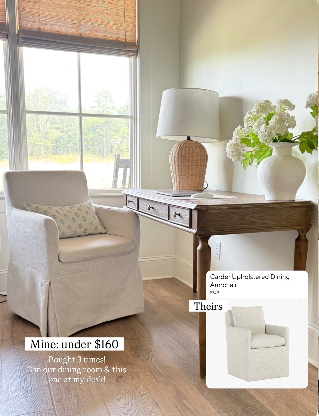 This My Texas House upholstered chair is one of the most cost-effective dining chairs I’ve found—and I’ve bought three of them. We use two in our dining room and one at my desk.

They have large rollers that glide easily over my jute rug, and the slipcover is fully removable if it ever needs a wash. It’s such a great “look for less” option compared to the higher-end designer versions, and it’s held up beautifully in real life.

#LTKHome