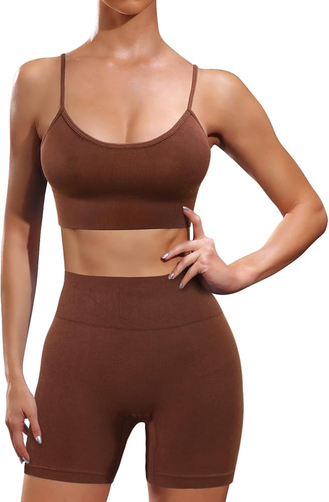 Womens Workout Sets 2 Piece Seamless Biker Short Set High Waist Shorts with Padded Sports Bra S-X... | Amazon (US)