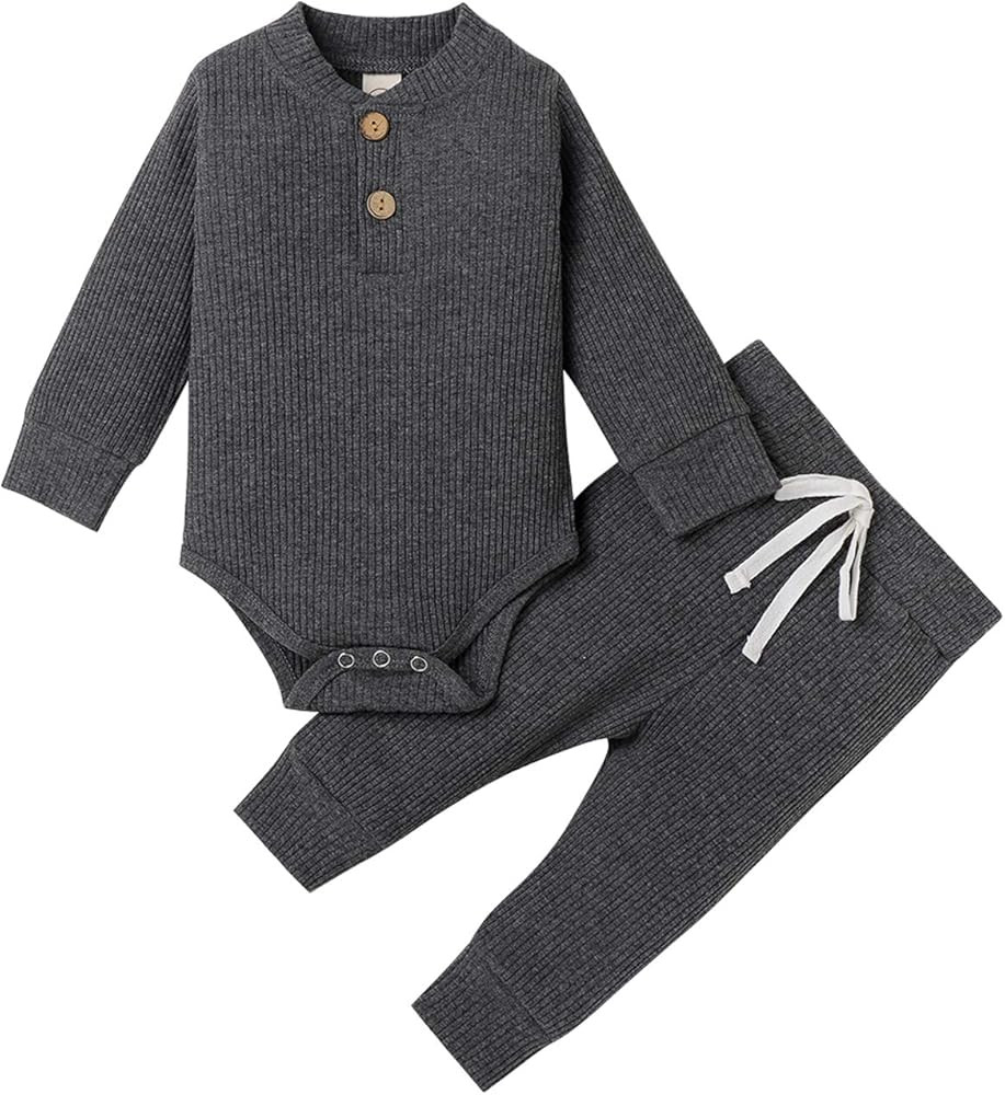Newborn Baby Boy Girl Clothes Ribbed Knitted Cotton Long Sleeve Romper Long Pants Solid Color Fall W | Amazon (US)
