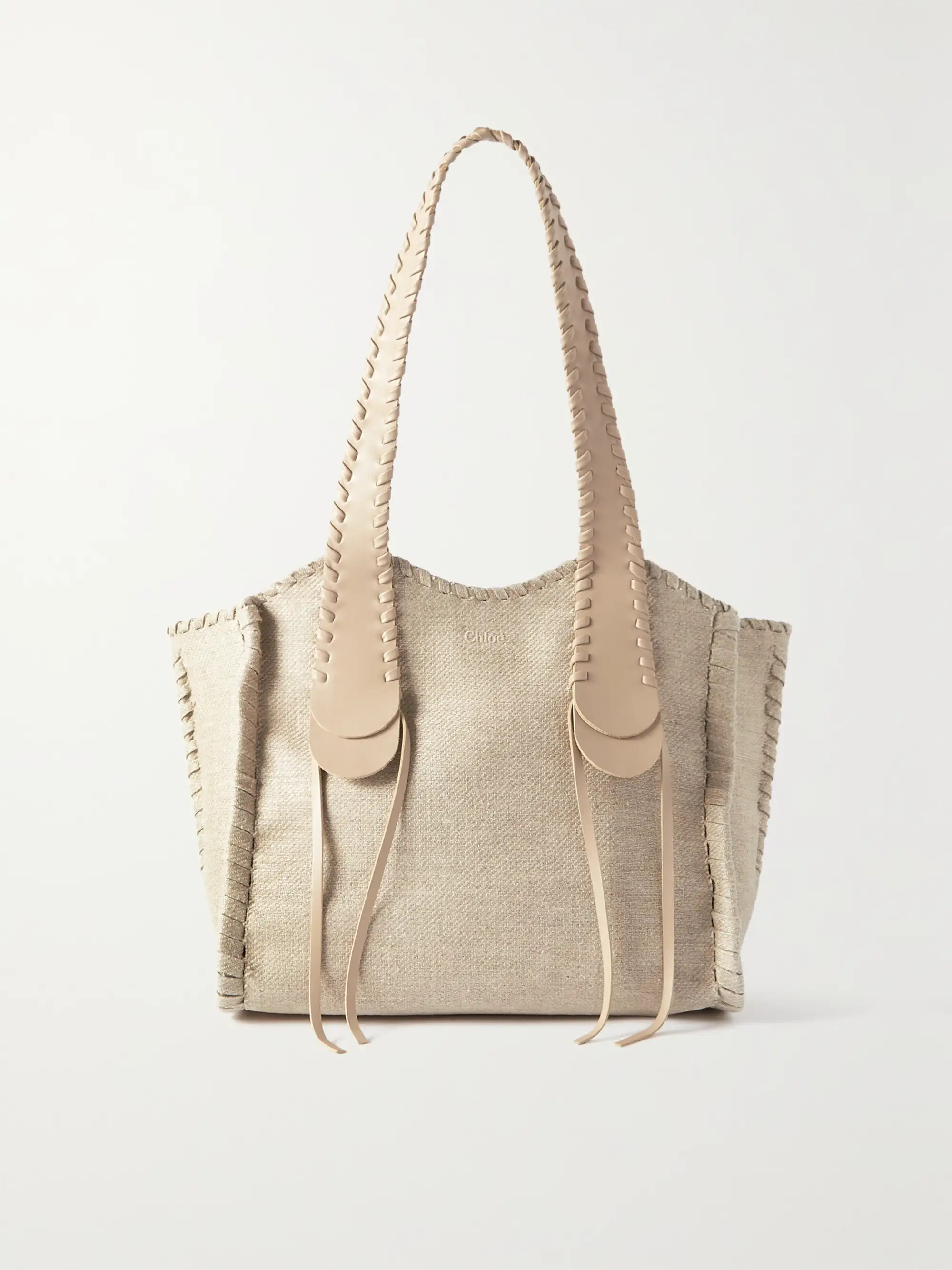 Mony large leather-trimmed whipstitched linen tote | NET-A-PORTER (US)