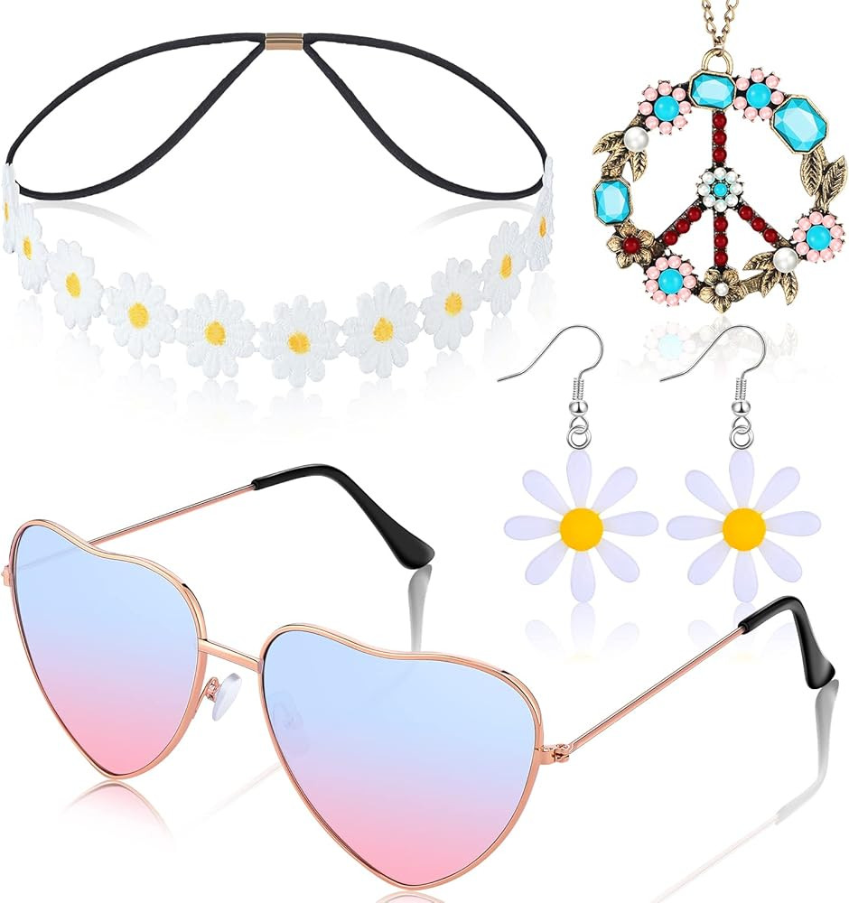 4 Pcs Hippie Costume Accessories Set 70s Peace Sign 60s Outfits for Women Necklace Daisy Earrings... | Amazon (US)