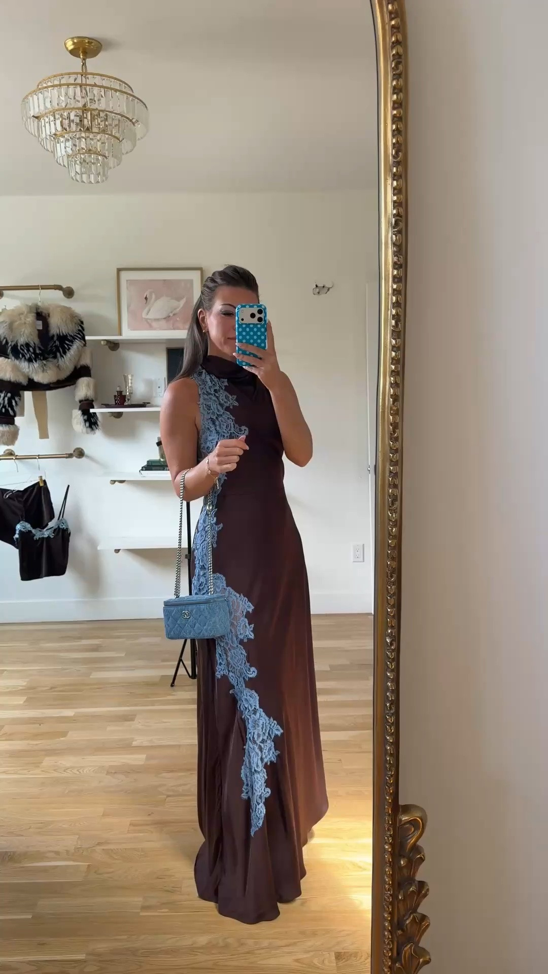 brown satin sleeveless maxi with a high neck and blue lace trim down one side wedding guest dress for fall and winter 🍂 

revolve code: tulip
electric picks: emerson20

I'm 5'4 wearing my usual size small/2

Fall wedding guest dresses, wedding guest dresses, cocktail dresses, semi-formal dresses, black tie wedding guest dresses, destination wedding guest dresses, garden party dresses, wedding guest outfit ideas