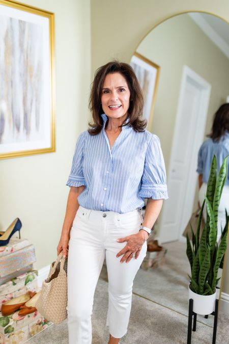 Pete blue and white stripe shirt to wear on repeat.  Wearing and CXSP.  My favorite petite white jeans to wear with sneakers.
#ltkpetite #petite

#LTKSeasonal #LTKshoecrush #LTKover40