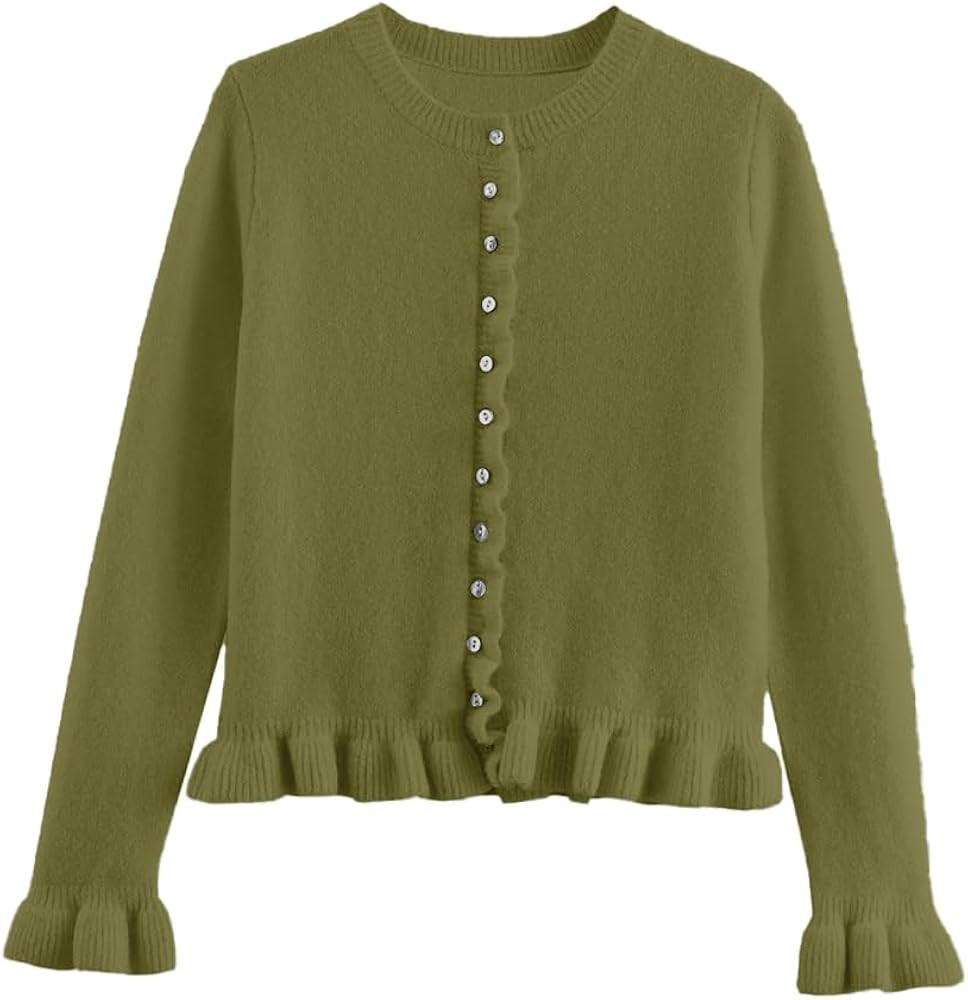 Cárdigan corto con cuello redondo y botones para mujer, estilo Y2K, con volantes, de punto, con ... | Amazon (US)