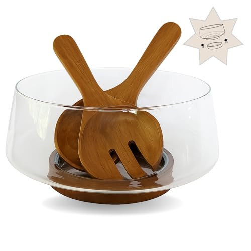 Large Glass Salad Bowl Set - Party Serving Bowl with Acacia Wood Base and Serving Utensils - Easy Clean - Elegant Serveware & House Gift | Amazon (US)