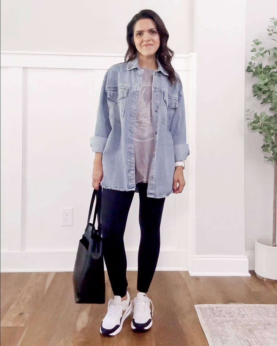 Monthly outfit planner SEPTEMBER: Summer to Fall outfits | graphic tee, denim jacket, leggings, leather tote, trainer sneakers 

#summertofall #transitionalstyle #falloutfit #classicstyle #casualstyle #weekendoutfit

#LTKStyleTip